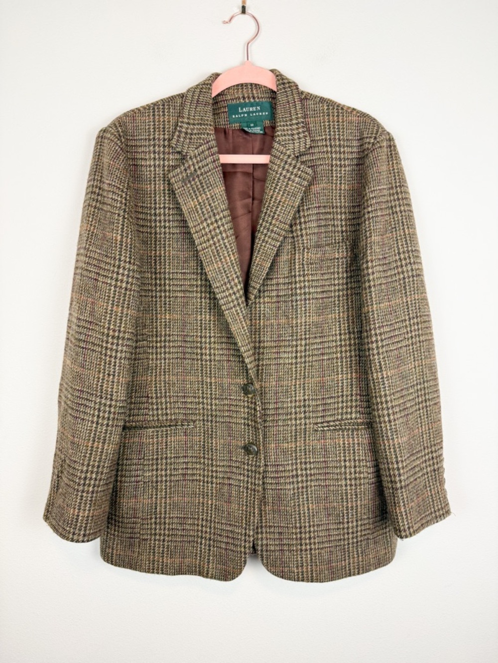 Vintage Lauren Ralph Lauren Brown Tan Neutral Plaid Wool Blazer Jacket Size 12